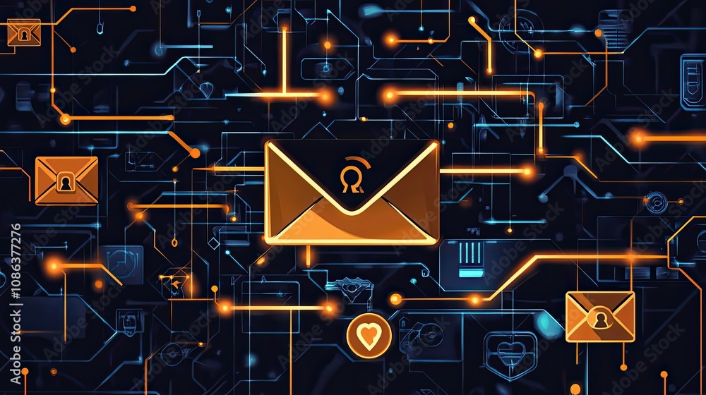 Poster digital network with glowing envelope and circuitry