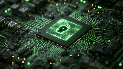 Obraz premium Innovative Secure Network Technology with Microchip and Electronic Circuit Board
