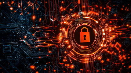 Obraz premium Modern Digital Security Concept with Lock Icon and Circuit Design