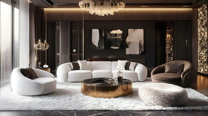 High-end, contemporary living room featuring a sophisticated color palette of dark browns and off-whites