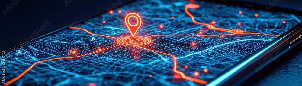 Poster futuristic gps navigation map on smartphone screen with bright location pin and network connection d