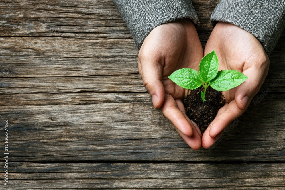Poster gently held hands support a tiny seedling, embodying hope and nurturing on a weathered wooden table,
