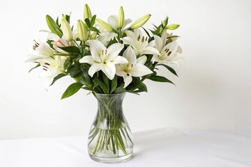 A bouquet of lily flowers in a classic glass vase on a white background, classical style, flower arrangement