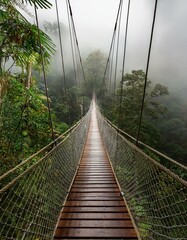 Obraz premium A wooden suspension bridge extends into a misty rainforest, offering a serene and mysterious pathway.
