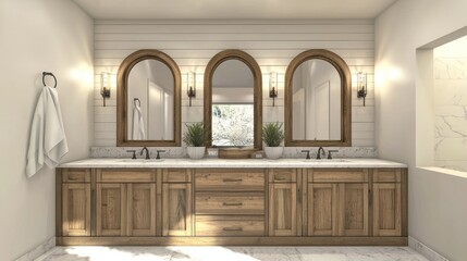 Modern bathroom with wooden cabinets, dual sinks, and arched mirrors, light background. Contemporary home or hotel concept. 3D Rendering 