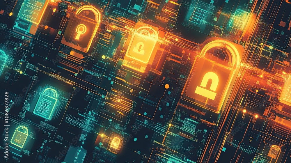 Poster abstract digital background with glowing padlocks and circuitry