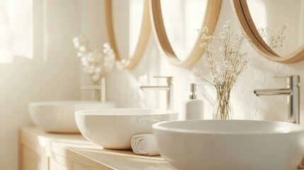 Fototapeta premium Modern bathroom with wooden cabinets, dual sinks, and arched mirrors, light background. Contemporary home or hotel concept. 3D Rendering 