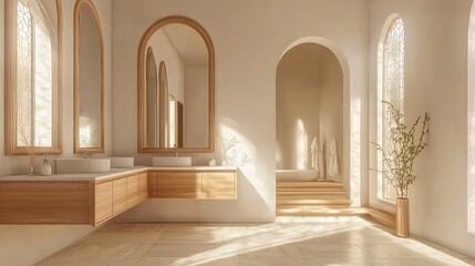 Naklejka premium Modern bathroom with wooden cabinets, dual sinks, and arched mirrors, light background. Contemporary home or hotel concept. 3D Rendering 