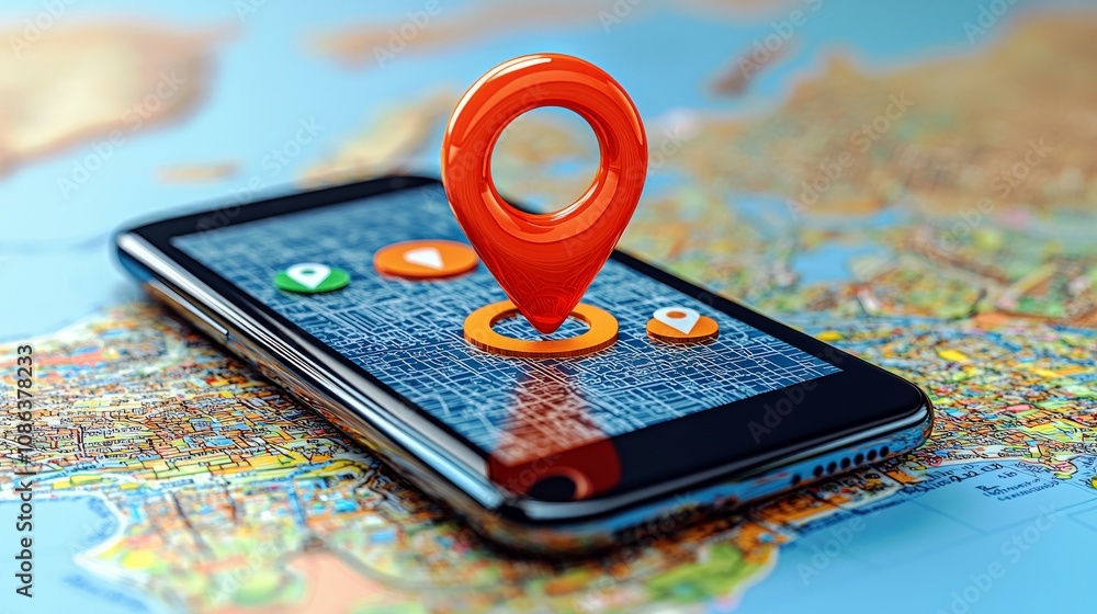 Poster modern smartphone displaying location map with navigation pins on a table surrounded by a world map 