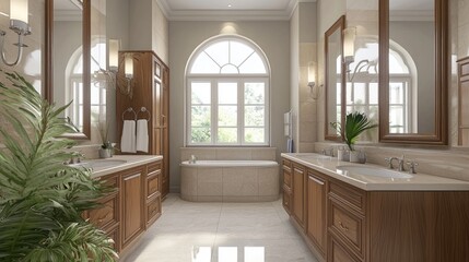 Fototapeta premium Modern bathroom with wooden cabinets, dual sinks, and arched mirrors, light background. Contemporary home or hotel concept. 3D Rendering 