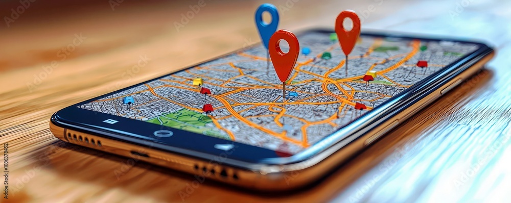 Poster Mobile Device Displaying Navigation Application with Map and Location Pins on a Wooden Surface, Illustrating Technology and Travel Planning Concepts