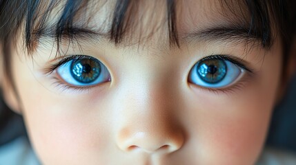 Obraz premium Close-up of a child's face with striking blue eyes and smooth skin.
