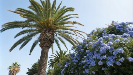 Fototapeta premium A majestic palm tree stands tall with its leaves and trunk covered in beautiful blue flowers on a bright sunny day., sunny day, beautiful blooms