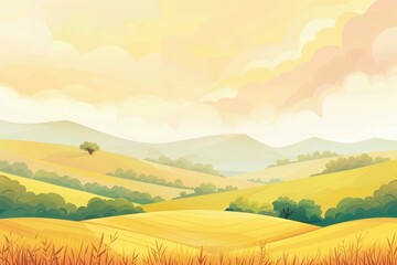 Obraz premium Rolling Hills Landscape with Golden Grass and Green Trees