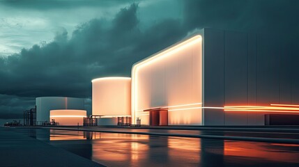 Obraz premium Modern Futuristic Building with Illuminated Facade and Wet Pavement