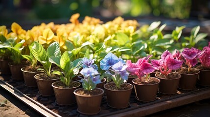 Trays of plant and flower seedlings started indoors outside 