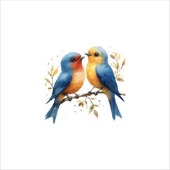 Watercolor lovebirds couple on a branch clipart. love Birds and heart watercolor illustration.