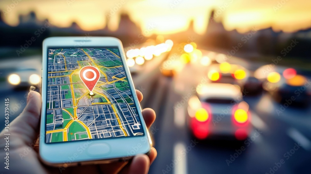 Poster hand holding smartphone with navigation app displaying map and location pin against blurry cityscape