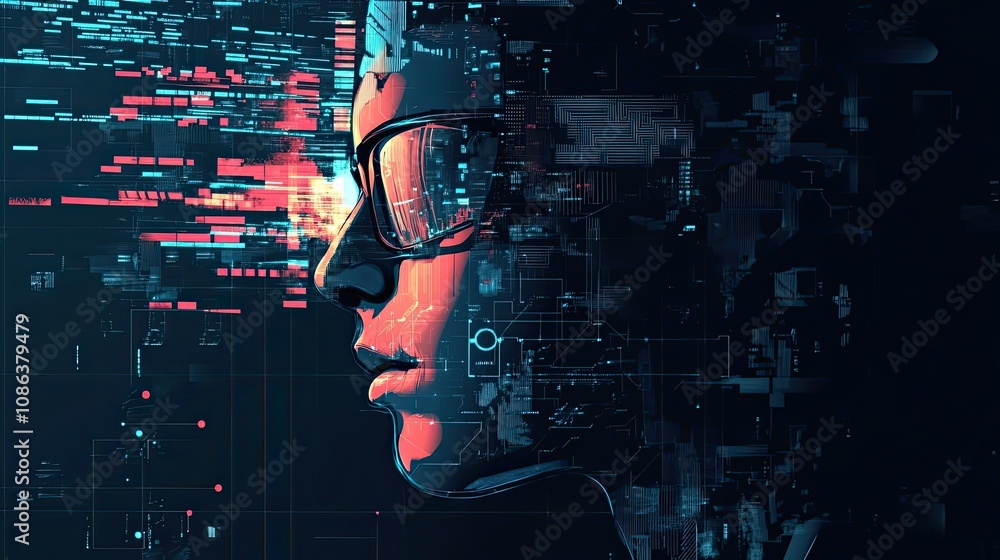 Poster abstract portrait of a person in cyberspace with geometric patterns and digital glitch effects