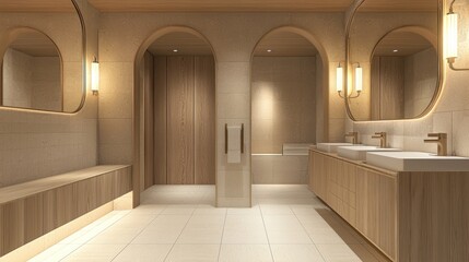 Modern bathroom with wooden cabinets, dual sinks, and arched mirrors, light background. Contemporary home or hotel concept. 3D Rendering 