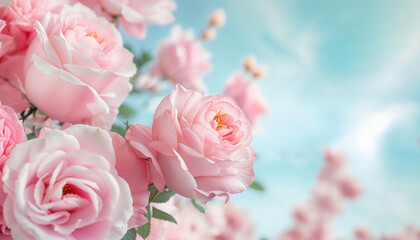 Delicate pink roses blooming under a clear blue sky, symbolizing love and elegance. Perfect for floral-themed projects or romantic contexts.