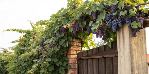 A sprawling vine covered in clusters of ripe purple grapes on a wooden gatepost, rustic, natural, gatepost, wood