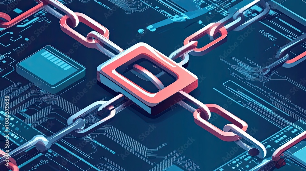 Poster a 3d illustration of a padlock with a chain on a circuit board background