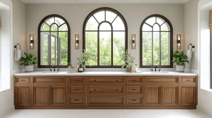 Modern bathroom with wooden cabinets, dual sinks, and arched mirrors, light background. Contemporary home or hotel concept. 3D Rendering 