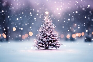 Obraz premium Beautiful spruce tree against magic snowy landscape with dark blue and purple night starry sky. Happy New Year and Merry Christmas. Winter holidays celebration background. Color of 2025 