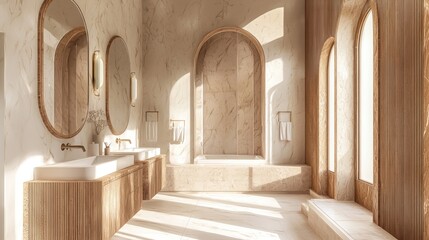 Obraz premium Modern bathroom with wooden cabinets, dual sinks, and arched mirrors, light background. Contemporary home or hotel concept. 3D Rendering 