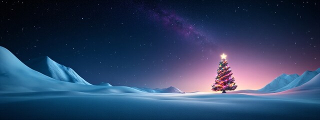 Beautiful spruce tree against magic snowy landscape with dark blue and purple night starry sky. Happy New Year and Merry Christmas. Winter holidays celebration background. Color of 2025 
