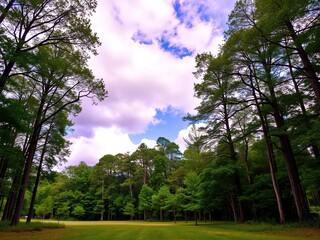 Fototapeta premium A tranquil forest glade with towering trees and soft purple cumulus clouds drifting lazily above, greenery, nature