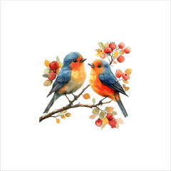Watercolor lovebirds couple on a branch clipart. love Birds and heart watercolor illustration.