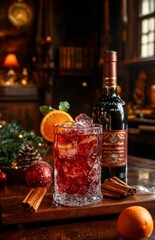 Fototapeta premium A rich glass of red wine glistens beside an elegant bottle, set upon a rustic wooden table, inviting moments of relaxation and indulgence.
