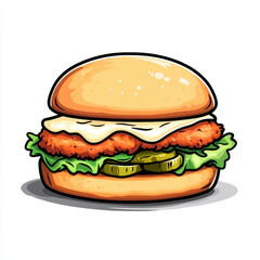 Delicious cartoon style chicken burger with lettuce, pickles, and cheese