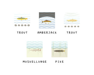 Set of editable fish vector templates.	