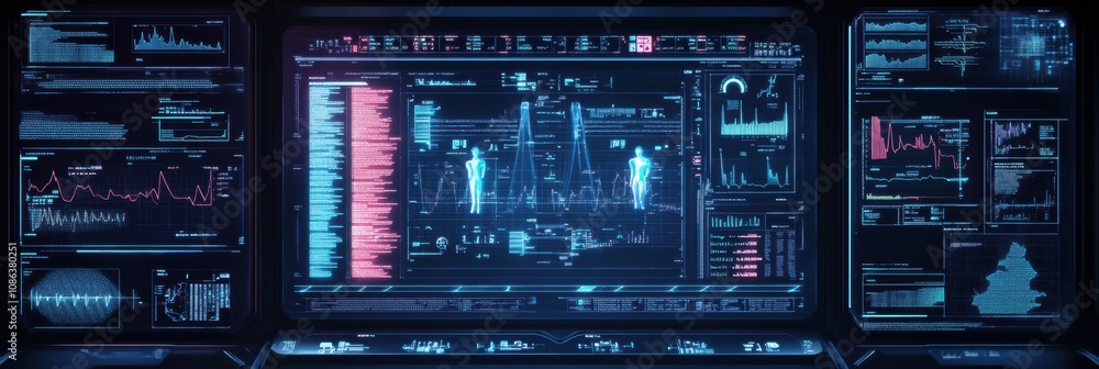 Poster A futuristic user interface presents intricate DNA data analysis, highlighting genetic research with vivid graphics and statistics. Generative AI