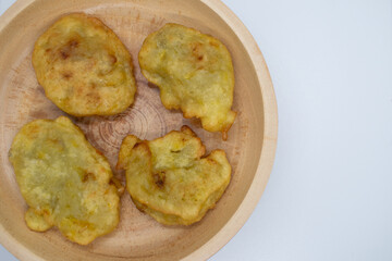 Cangkodok pisang. processed snack from bananas in a wooden bowl