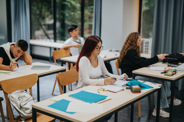 Students engage in learning activities in a contemporary classroom filled with natural light. Diversity and concentration highlight the academic environment, emphasizing education and collaboration.