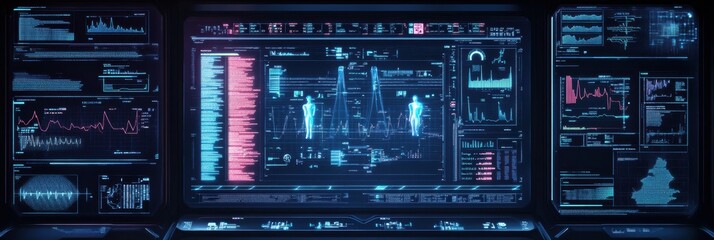 Obraz premium A futuristic user interface presents intricate DNA data analysis, highlighting genetic research with vivid graphics and statistics. Generative AI
