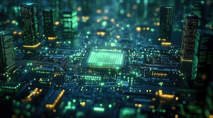 Obraz premium Futuristic city integrated circuit board with stadium.