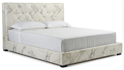 Fototapeta premium Bed with low profile headboard made of white marble, white marble, low profile headboard, serene atmosphere, bedroom furniture