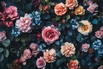 Naklejka premium A floral background with a variety of colorful flowers and green leaves.