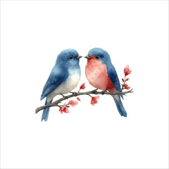Watercolor lovebirds couple on a branch clipart. love Birds and heart watercolor illustration.