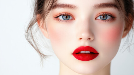 close up portrait of woman with striking blue eyes and bold red lips, showcasing flawless skin and soft makeup. image conveys elegance and beauty