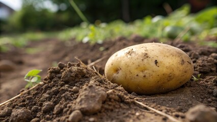 Close-up of a single, perfectly rounded potato resting on the soil, earthy tones, natural colors, food styling, nature's bounty, potato