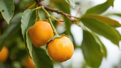 Close-up shot of a single ripe Alphonsomango on a branch, summer fruit, indian mango