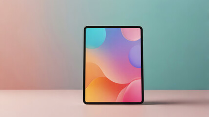 Sleek tablet showcasing a vibrant gradient screen, standing on a pastel surface with a soft, minimalist backdrop.