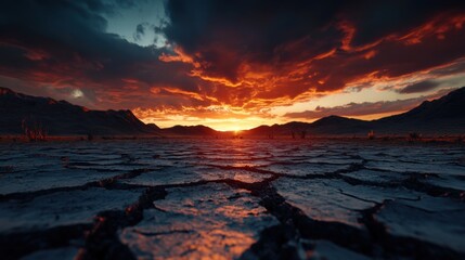 Fototapeta premium Drought Landscape Under Dramatic Sunset Sky