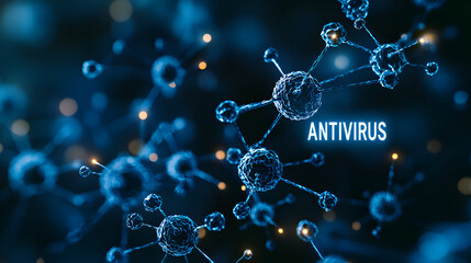 Futuristic Digital Illustration of Antiviral Molecule and Virus Structure in Blue Scientific Background for Health and Technology Research